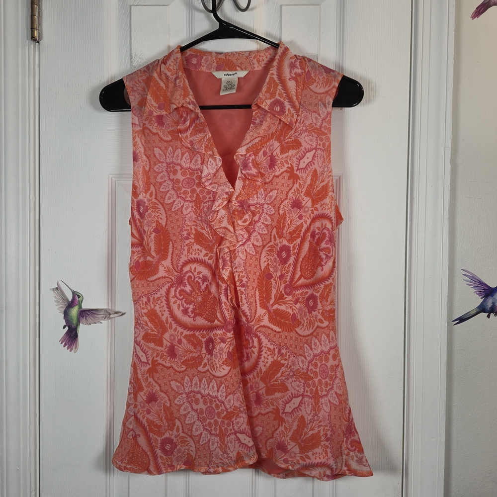 Edward 100% Silk Ruffle Blouse Coral Paisley Boho Chic Summer Top Large